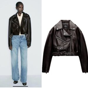 Zara dark brown faux leather biker moto jacket coat Sz XL NWOT